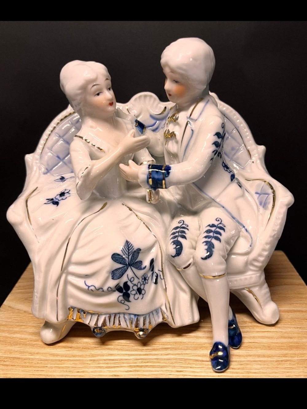 Victorian 18th Century Marie Antoinette King Louis Porcelain Blue Gold Figurine